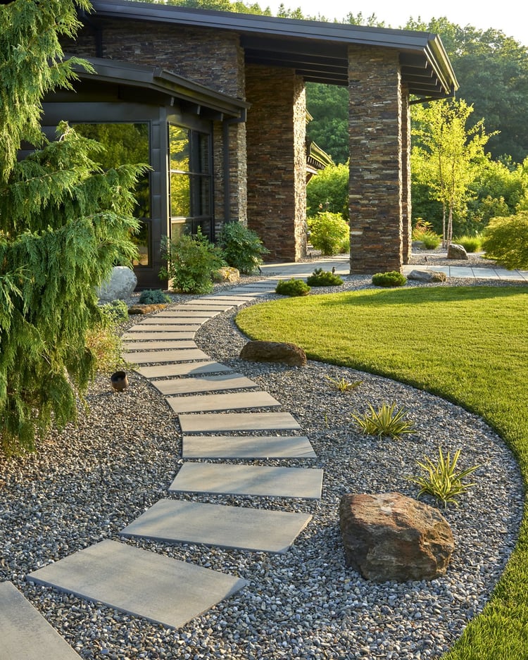 St. Albert backyard after — stone walkway and manicured lawn installed