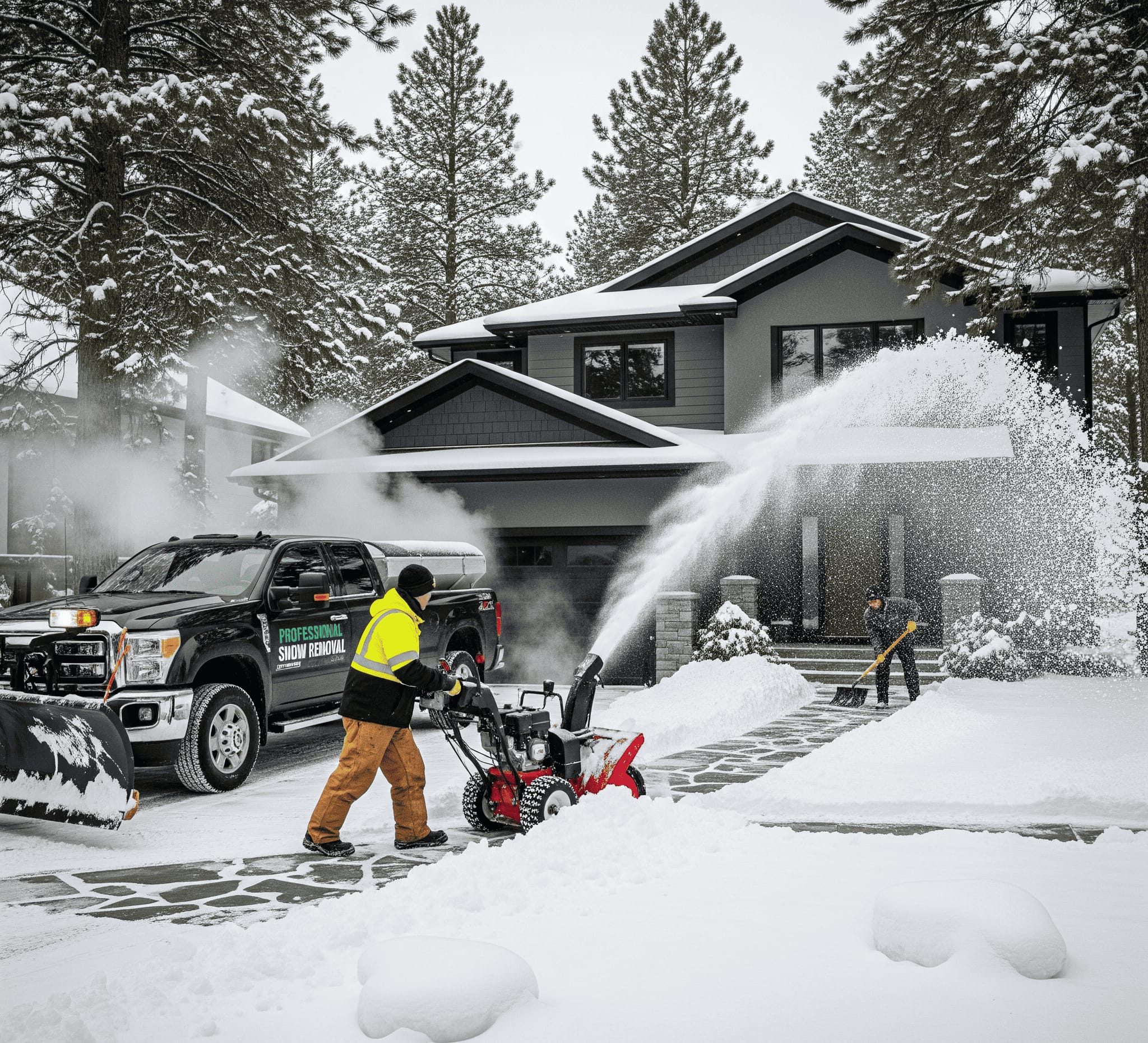 Snow removal truck clearing an Edmonton residential driveway before sunrise
